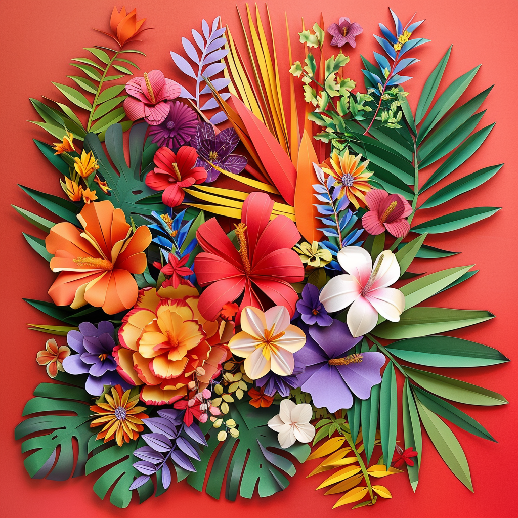 Vibrant Paper Art Creations AI MidJourney Image Prompt, 80233D art, artistic, butterflies, craftsmanship, creative, design, detailed, fruits, handmade, intricate, midjourney, nature, paper art, seashells, tropical, tropical flowers