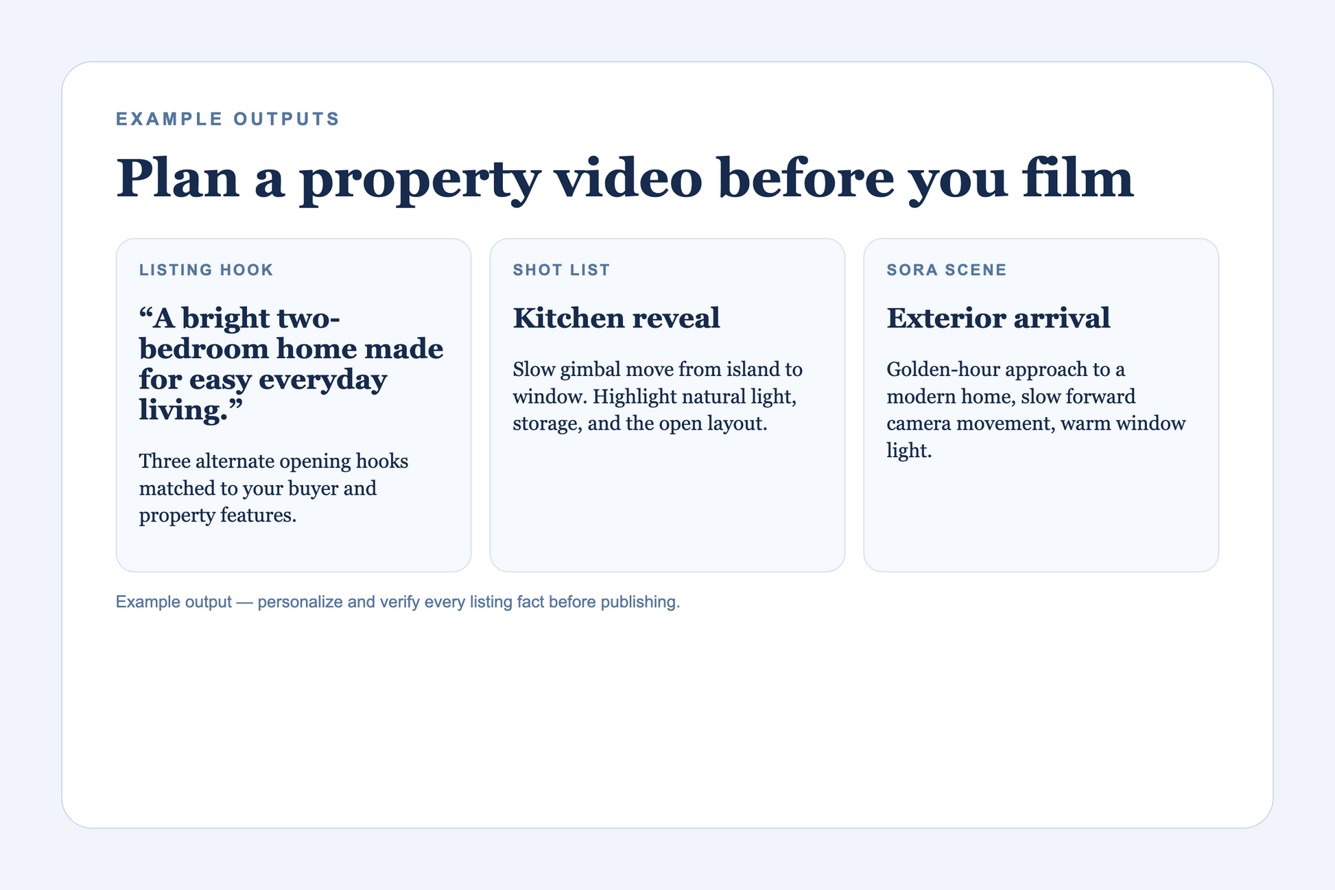 Examples of real-estate video hooks, shot lists, and Sora scene direction