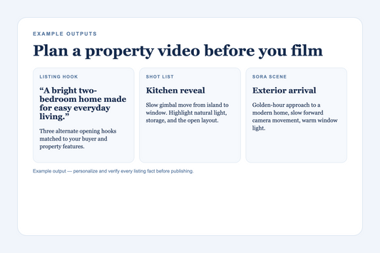 Examples of real-estate video hooks, shot lists, and Sora scene direction