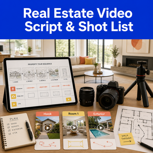 Real-estate video planning guide for creating listing hooks, property-tour scripts, shot lists, voiceover, and scene direction.