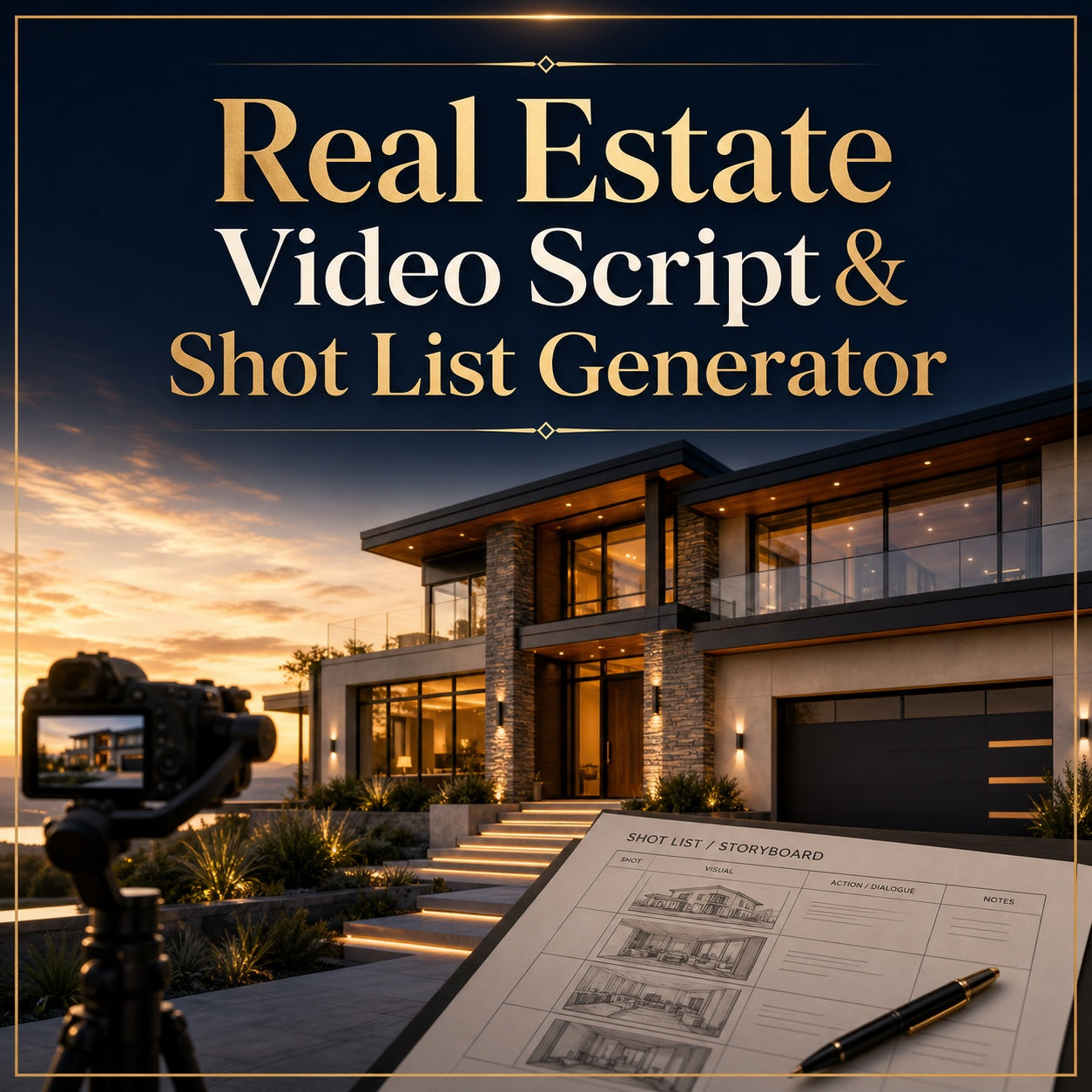 Luxury real estate video planning cover for the Real Estate Video Script & Shot List Generator