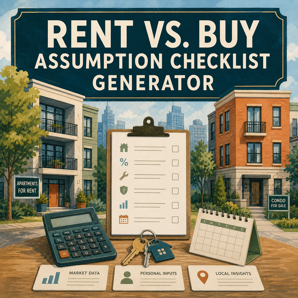 Rent vs. Buy Assumption Checklist Generator cover with rental, condo, checklist, calculator, keys, and calendar
