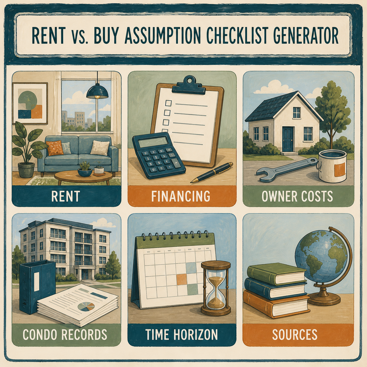 Rent vs. Buy Assumption Checklist Generator contents covering rent, financing, owner costs, condo records, time horizon, and sources