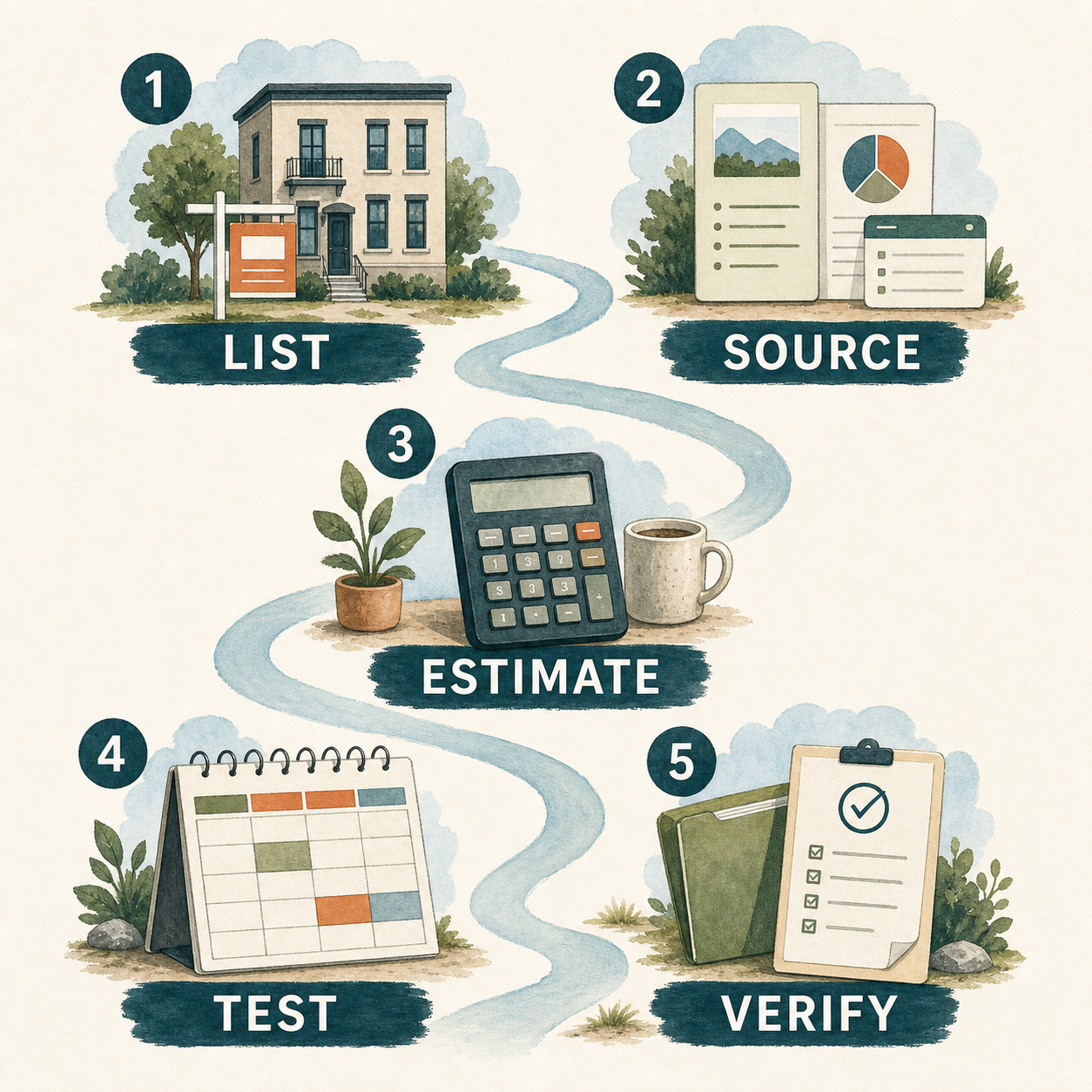 Rent vs. Buy Assumption Checklist Generator method showing list, source, estimate, test, and verify