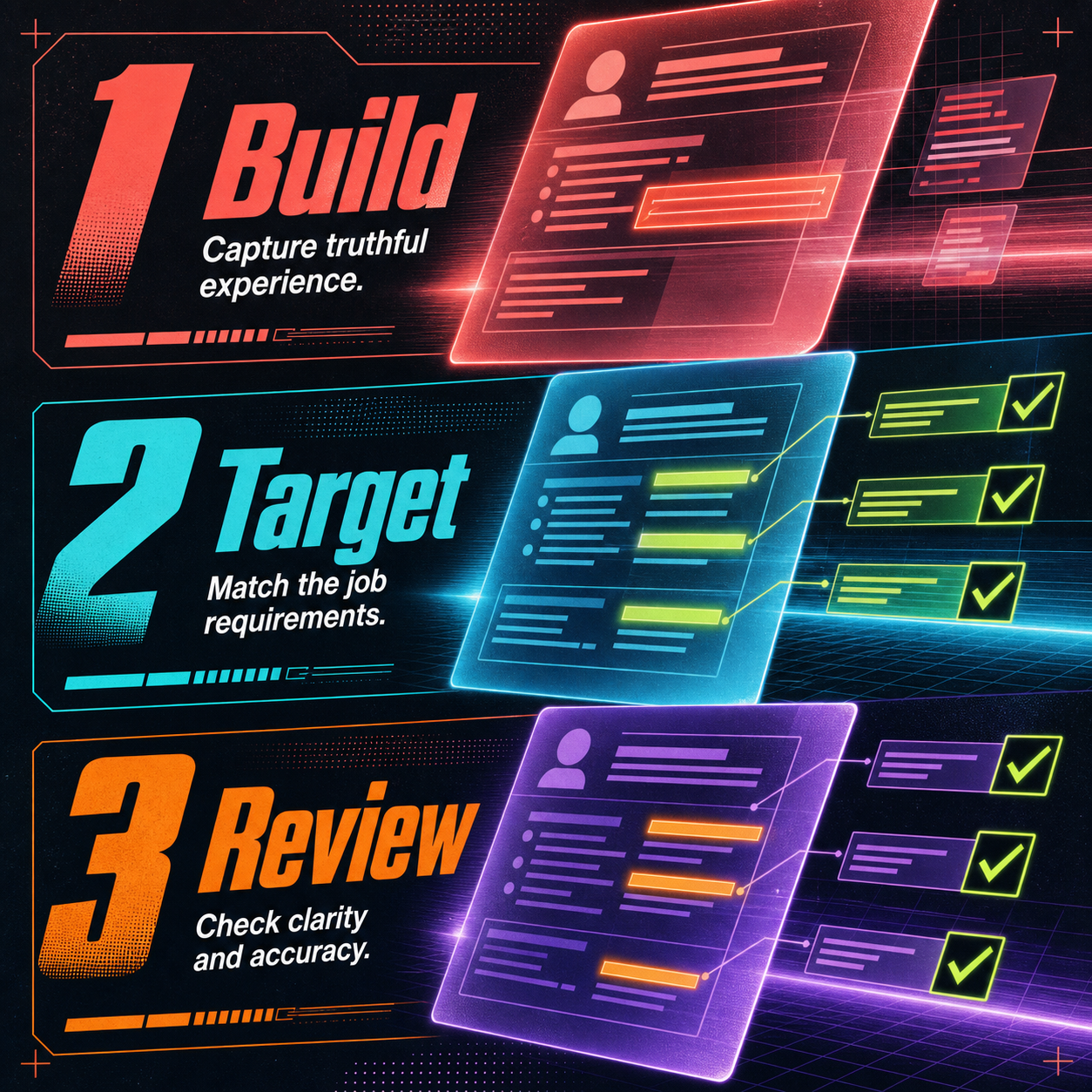 Three-step resume workflow: build, target, and review