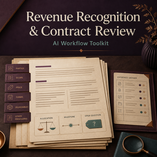 Revenue Recognition and Contract Review AI Workflow Toolkit cover with contract evidence table