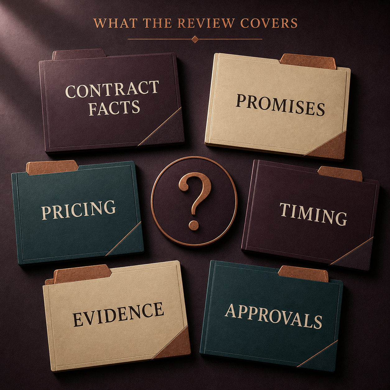 Revenue recognition review coverage showing contract facts promises pricing timing evidence and approvals
