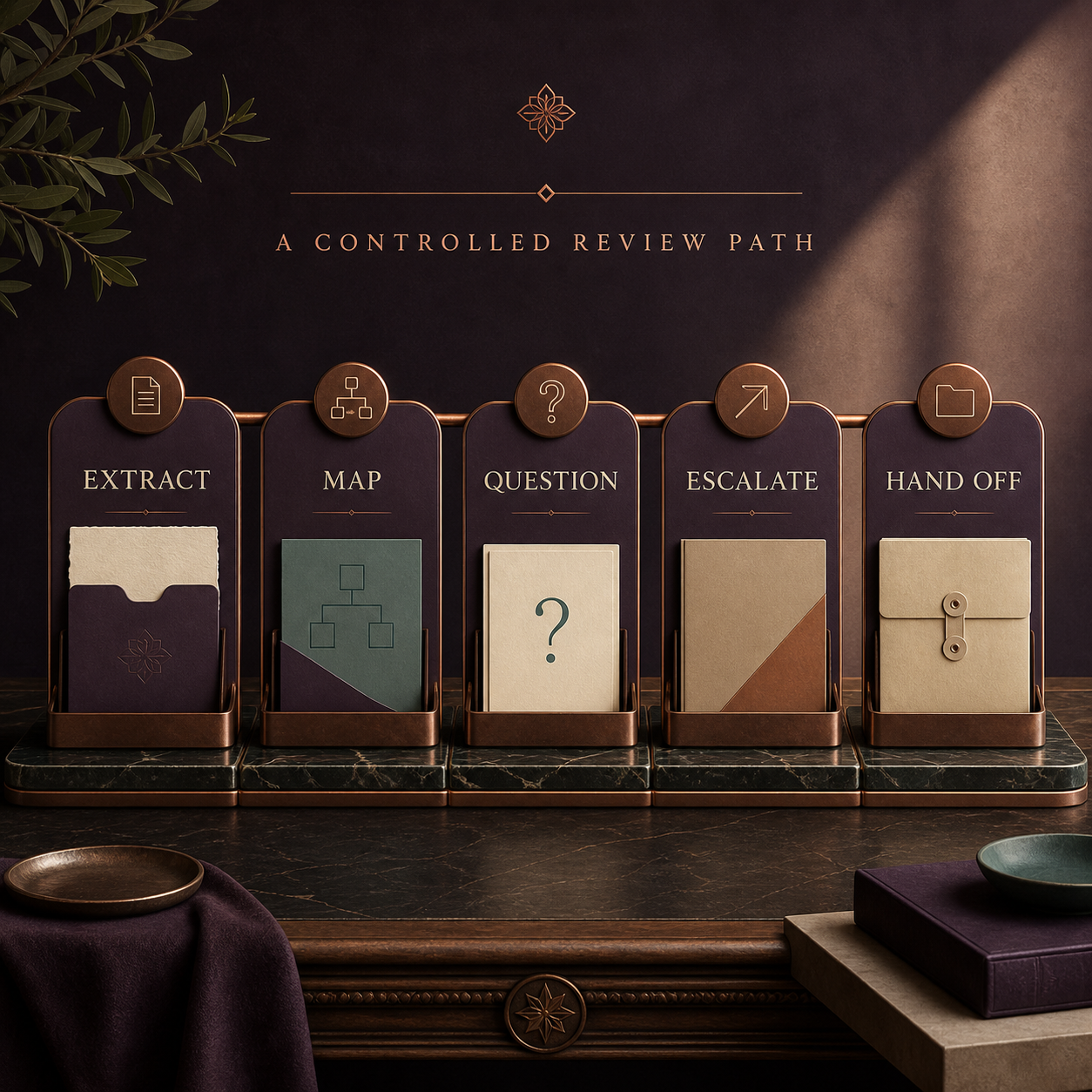 Controlled contract review path showing extract map question escalate and hand off