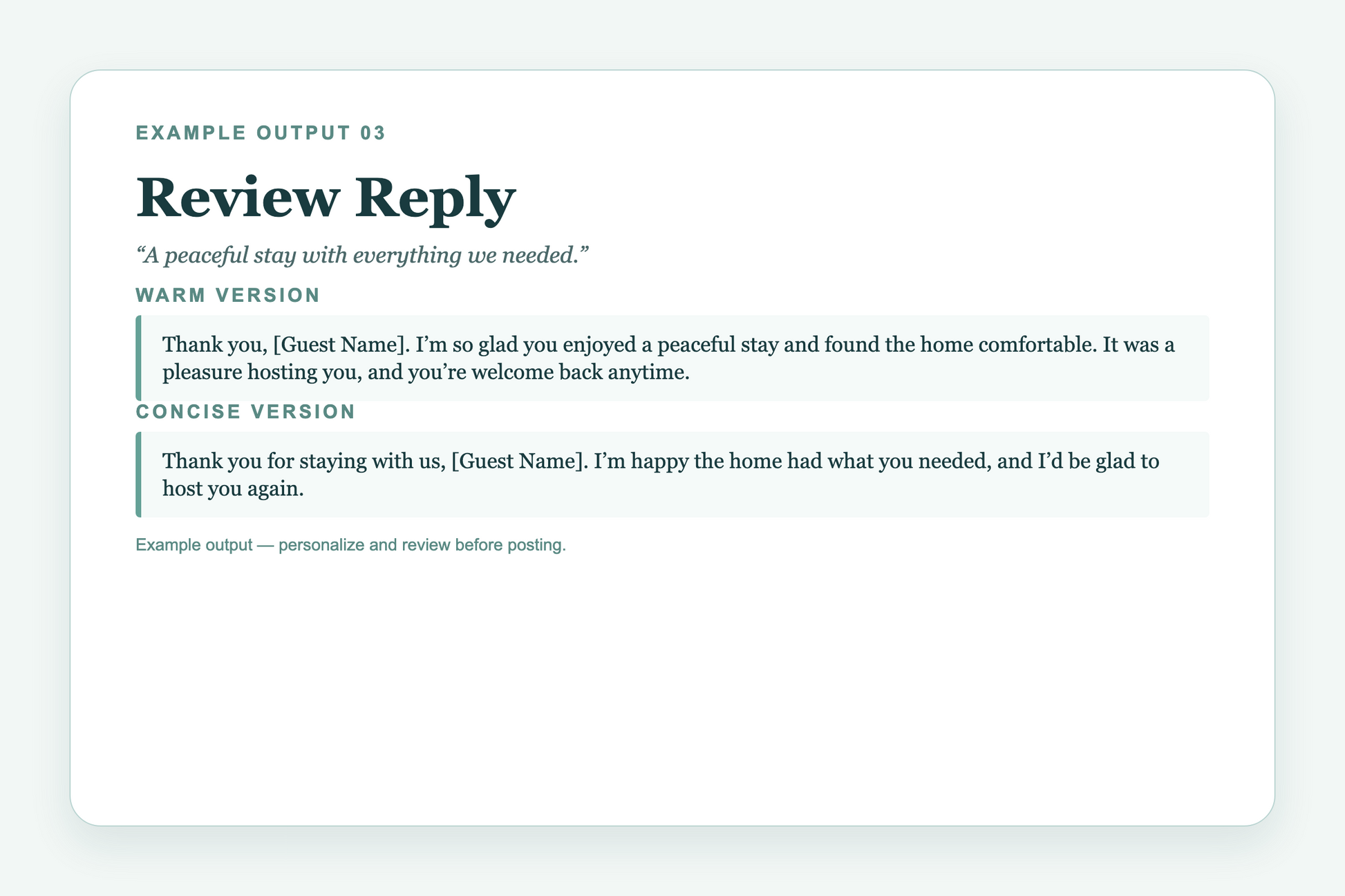Example warm and concise vacation-rental review replies created with the tool