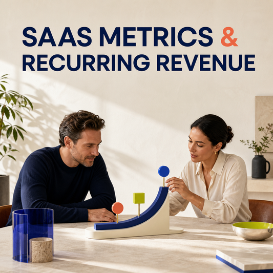 SaaS Metrics and Recurring Revenue Review cover showing finance leaders reviewing a tactile revenue signal.