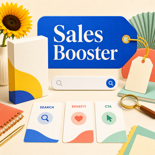Bright Sales Booster cover showing a product box, blank hangtag, search bar, magnifying glass, and Search, Benefit, and CTA cards.