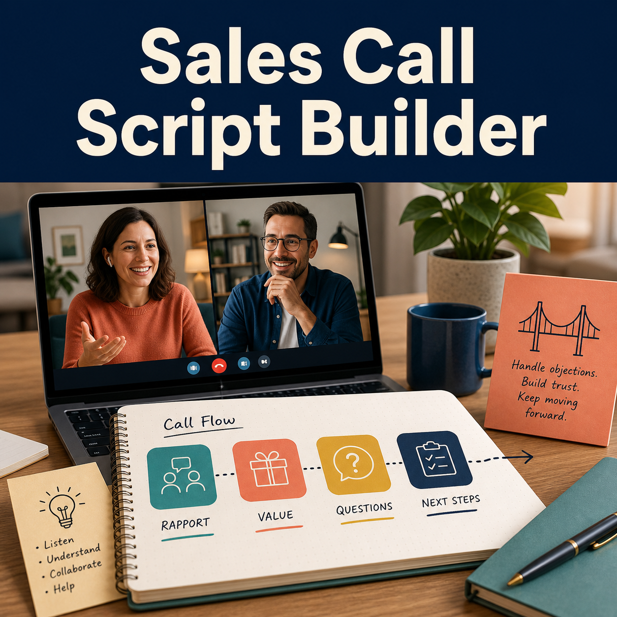 Consultative sales call planning scene with rapport, value, questions, objections, and clear next-step flow.