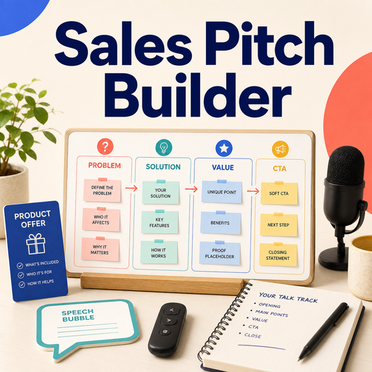 Sales Pitch Builder cover showing a problem-solution-value-call-to-action pitch board with offer, benefits, proof placeholder, and closing sections.