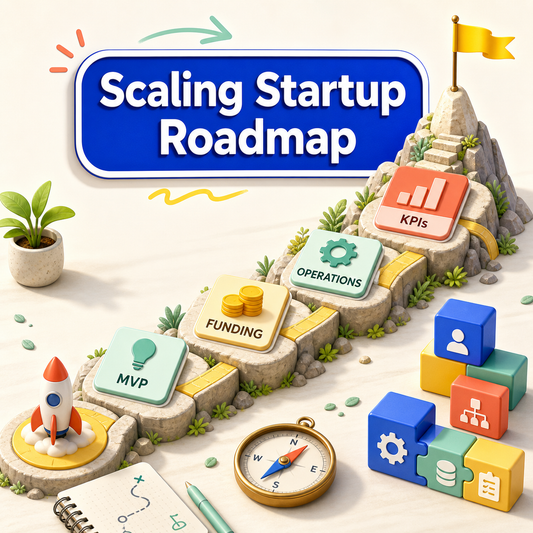 Bright scaling startup roadmap cover showing an upward milestone path from MVP to Funding, Operations, and KPIs, with a compass and launch rocket.