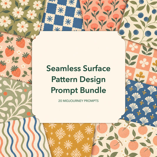 Seamless Surface Pattern Design Prompt Bundle for Midjourney with colourful floral, fruit, and geometric pattern swatches