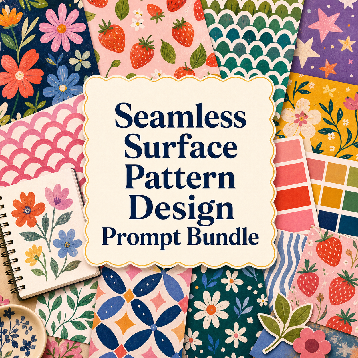 Seamless surface pattern design prompt bundle | midjourney created from an AI image prompt.