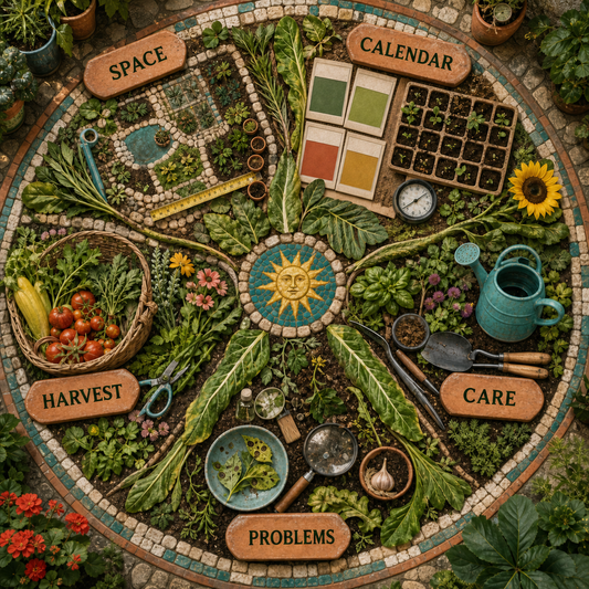 Seasonal Garden Planner contents covering space, calendar, care, problems, and harvest