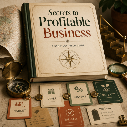 Secrets to Profitable Business cover showing market research, offer design, systems, pricing, validation, and revenue planning in a strategy field guide.