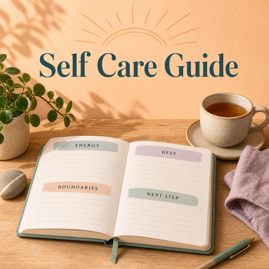Self Care Guide cover showing a practical reflection planner for energy, rest, boundaries, and next steps.