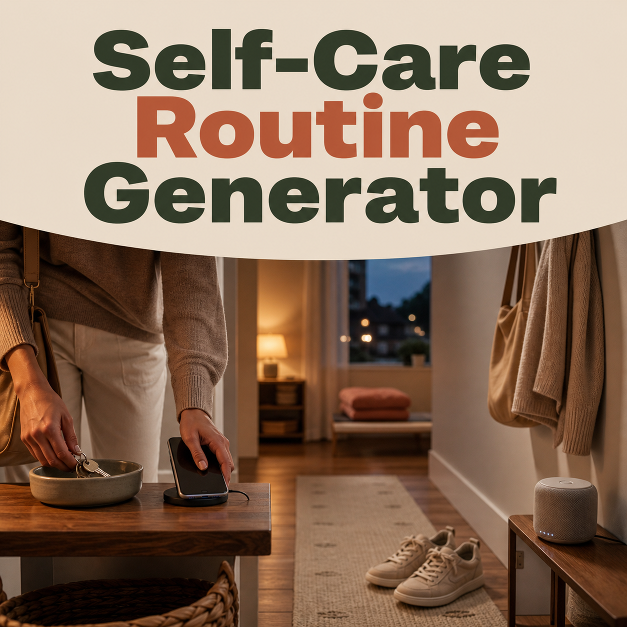Self-Care Routine Generator cover showing a realistic after-work transition into a simple evening routine