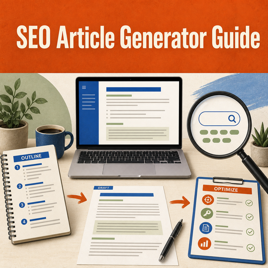 SEO article planning scene showing an outline, draft, search research, and optimization checklist.