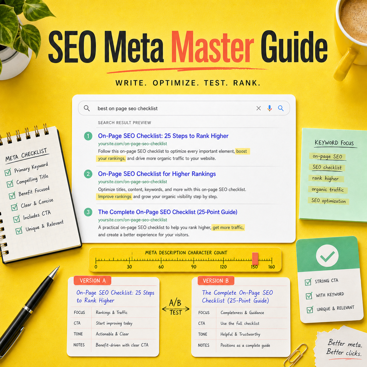 SEO Meta Master Guide cover showing search-result previews, keyword focus, character-count planning, CTA checks, and A/B versions.