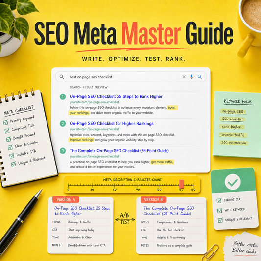 SEO Meta Master Guide cover showing search-result previews, keyword focus, character-count planning, CTA checks, and A/B versions.