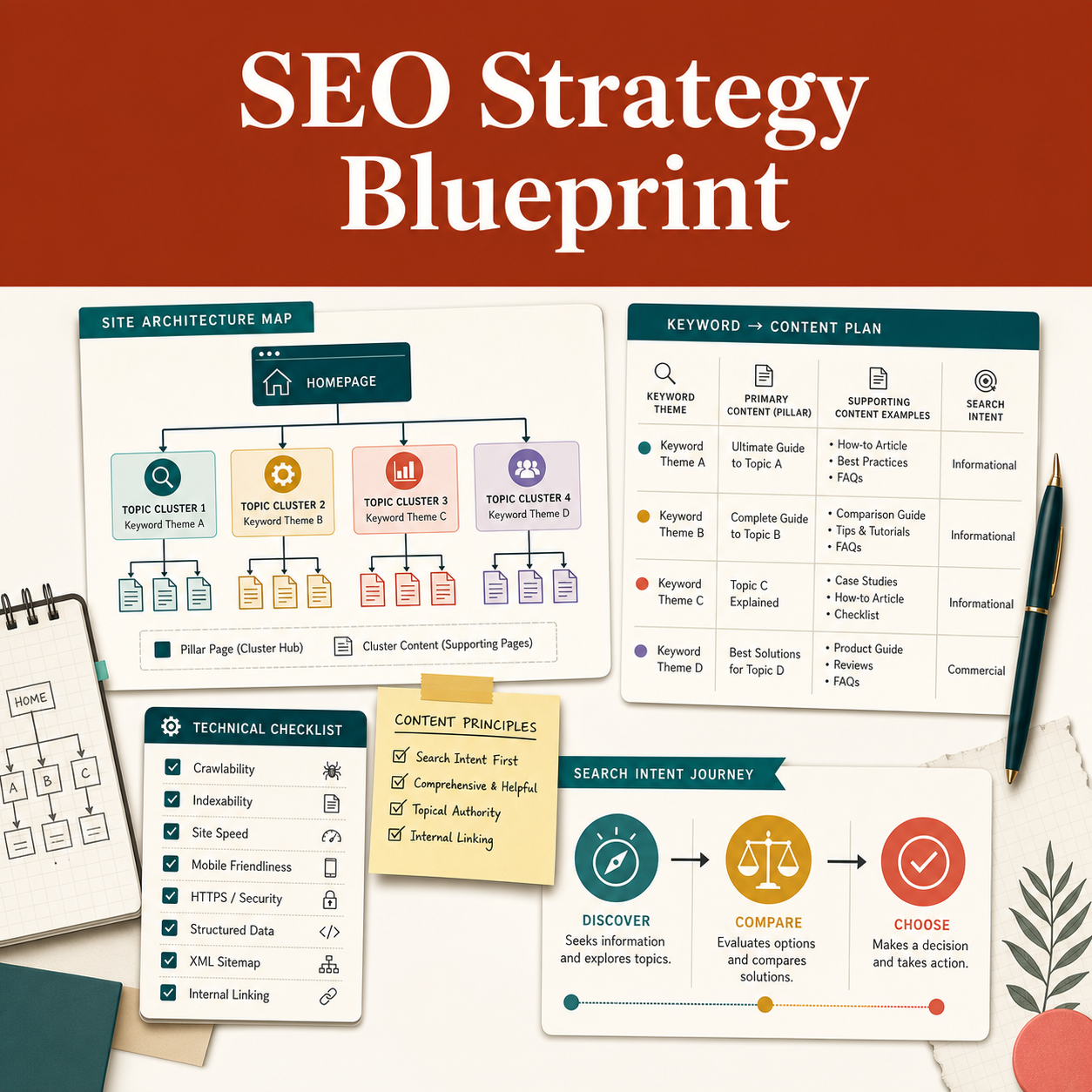 Illustrative SEO planning blueprint showing site architecture, keyword-to-content mapping, technical checks, and search intent stages.