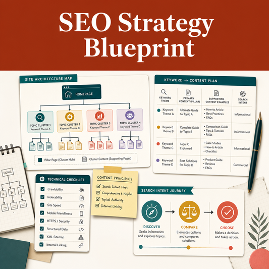 Illustrative SEO planning blueprint showing site architecture, keyword-to-content mapping, technical checks, and search intent stages.