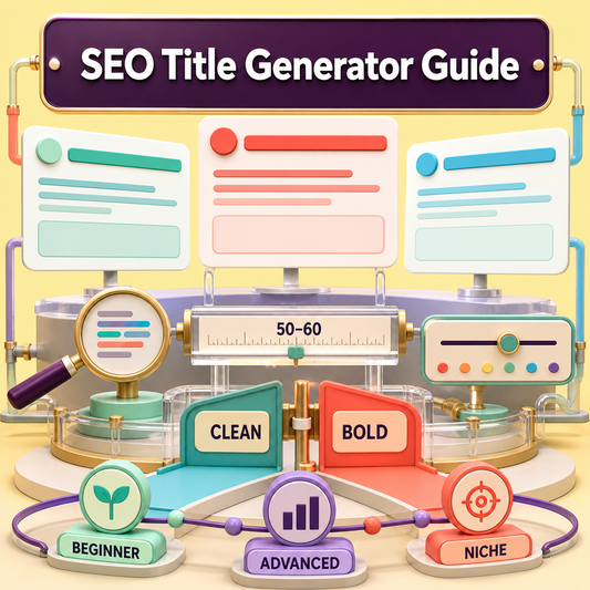 Bright SEO Title Generator Guide cover showing headline cards, a keyword lens, 50–60 character ruler, Clean and Bold A/B gates, and Beginner, Advanced, and Niche audience markers.