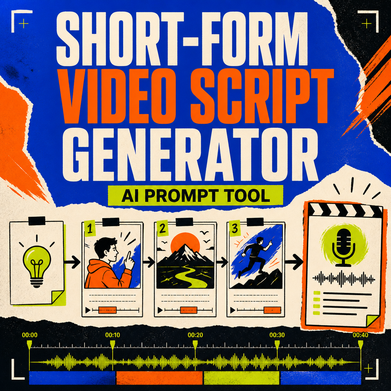 Short-Form Video Script Generator AI Prompt Tool cover showing one idea becoming a timed video script