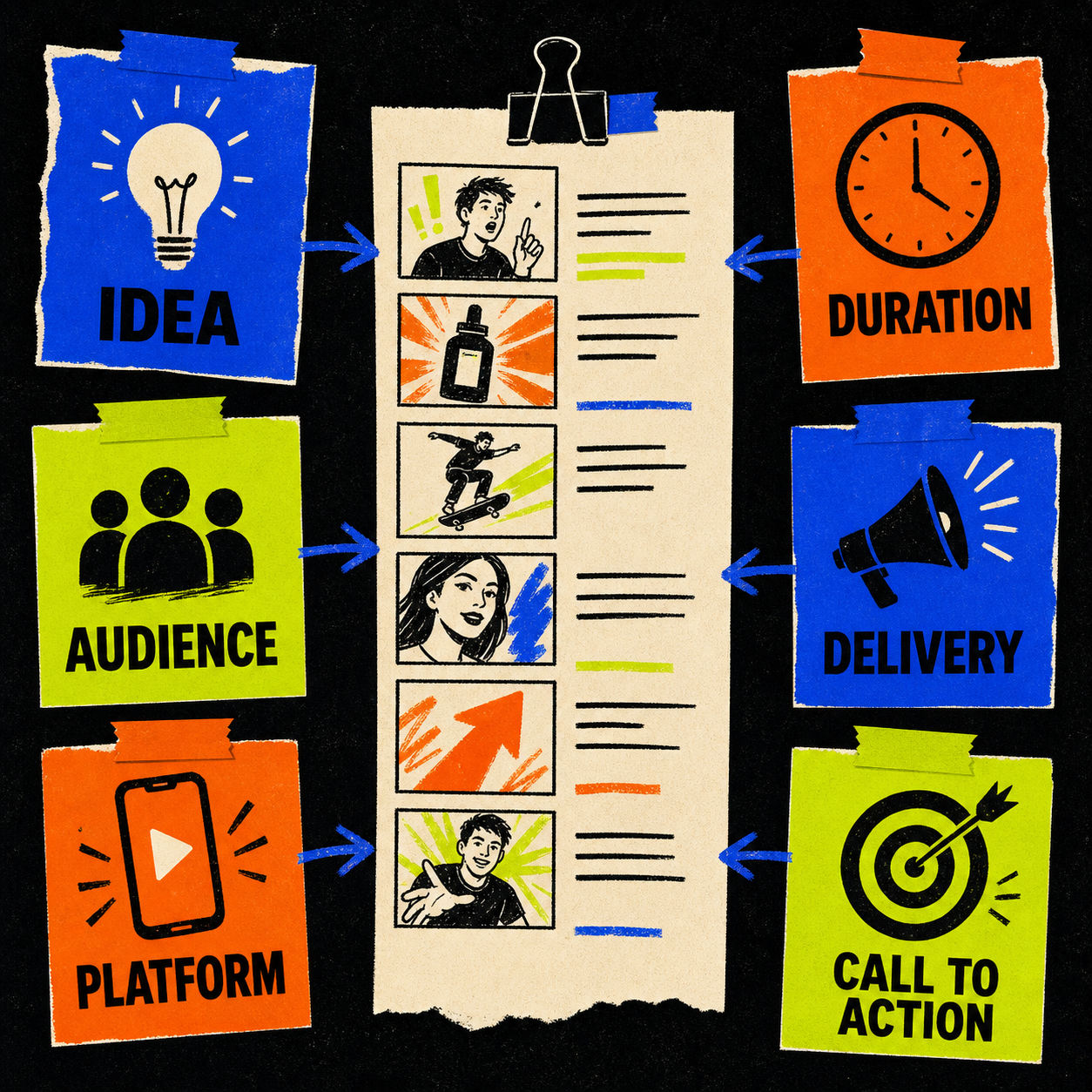Short-Form Video Script Generator inputs for audience, platform, duration, delivery, assets, and call to action