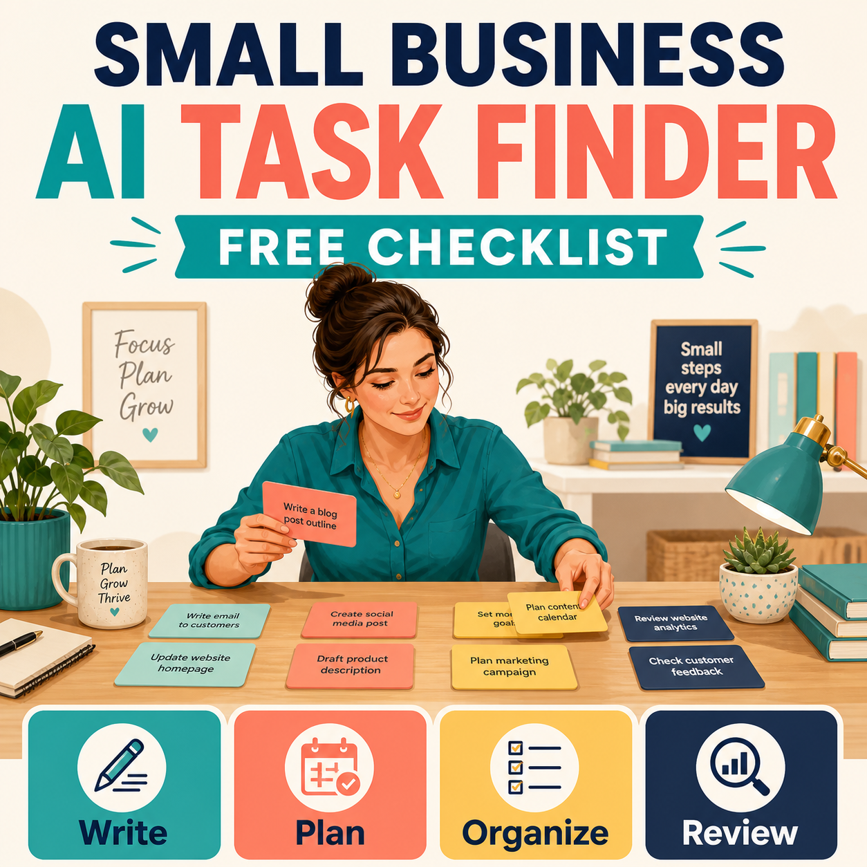 Small Business AI Task Finder free checklist cover with Write, Plan, Organize, and Review task categories.