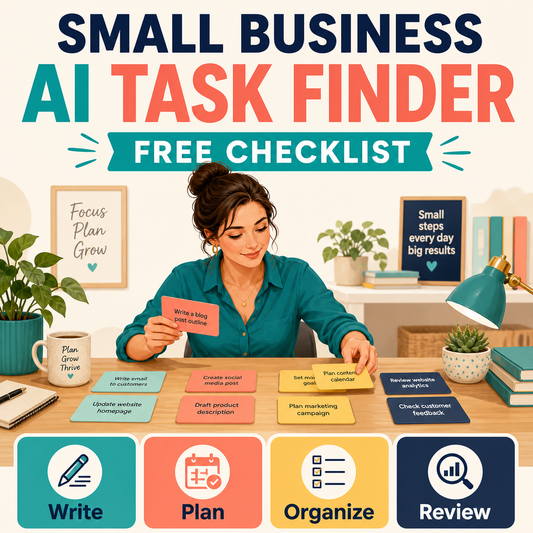 Small Business AI Task Finder free checklist cover with Write, Plan, Organize, and Review task categories.