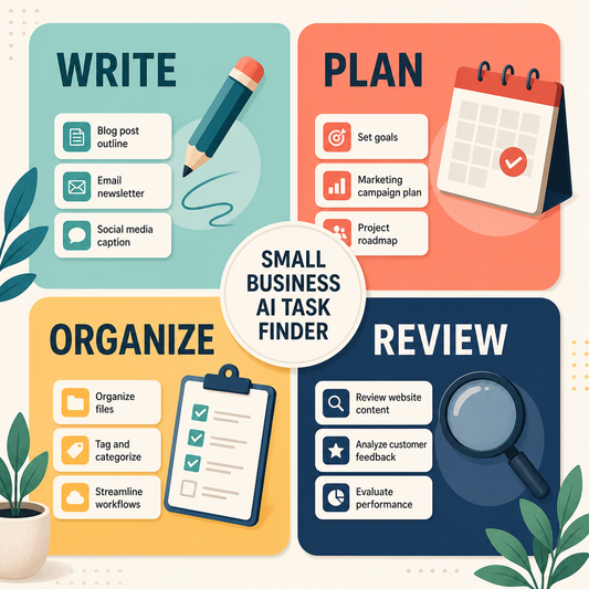 Four-part small-business task board for writing, planning, organizing, and reviewing with AI assistance.
