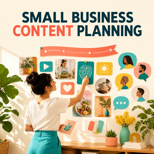 Small Business Content Planning cover showing a business owner curating a colorful audience-led content strategy wall.