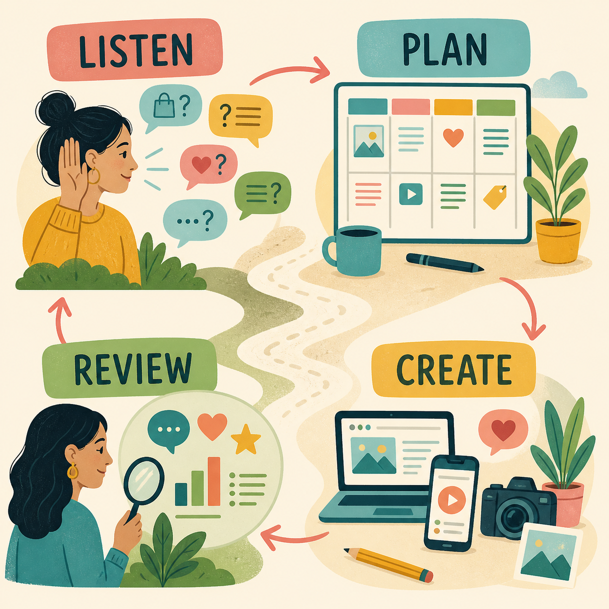 Small Business Content Planning method for listening, planning, creating, and reviewing.