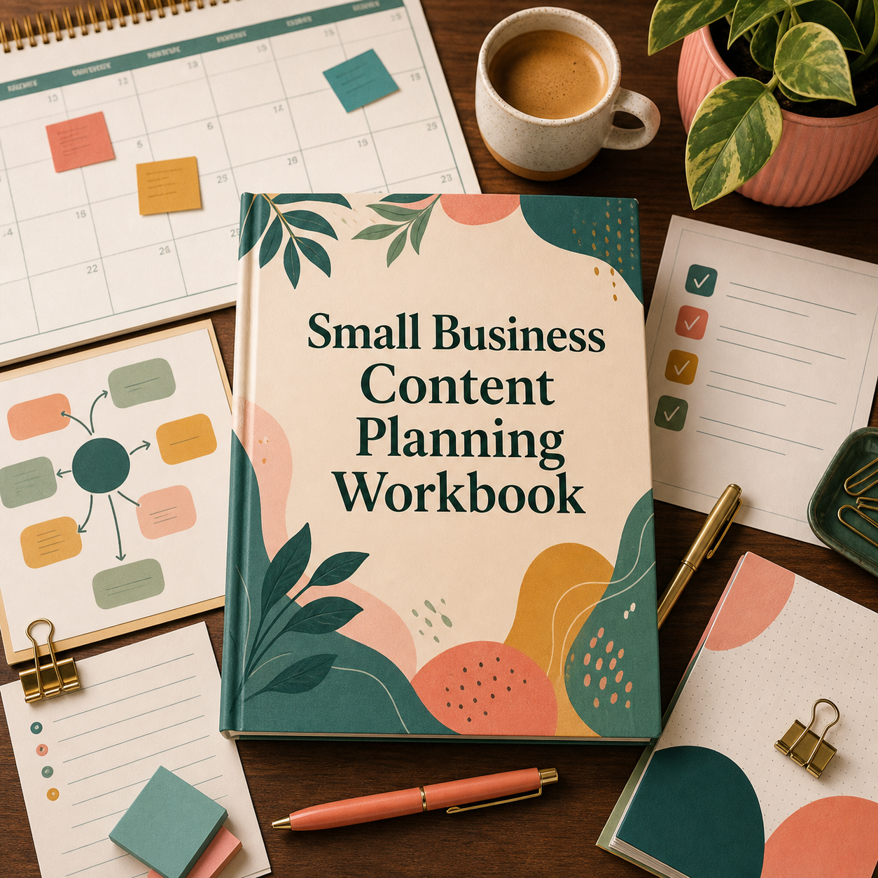 Small Business Content Planning Workbook cover with a monthly calendar, planning pages, caption cards, and launch checklist