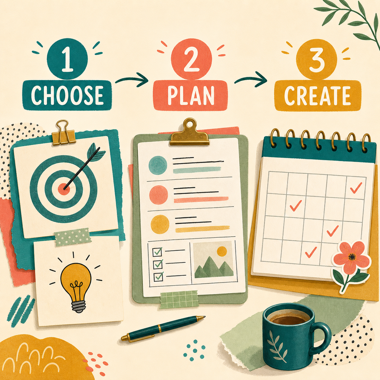 Three-step choose, plan, create visual for the Small Business Content Planning Workbook