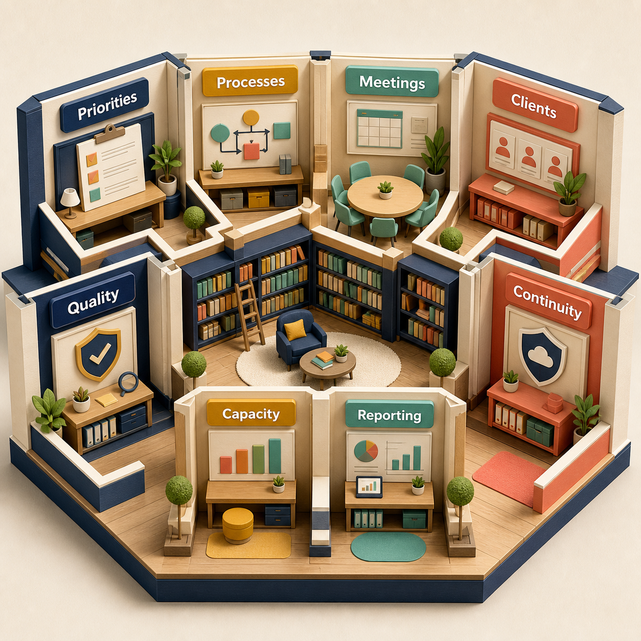 Operations prompt library categories including priorities, processes, meetings, clients, quality, capacity, reporting, and continuity