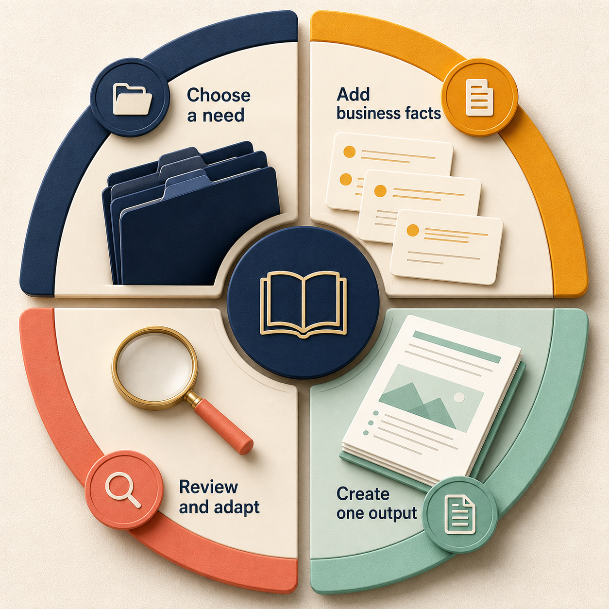 Prompt library method for choosing a need, adding business facts, creating one output, and reviewing it