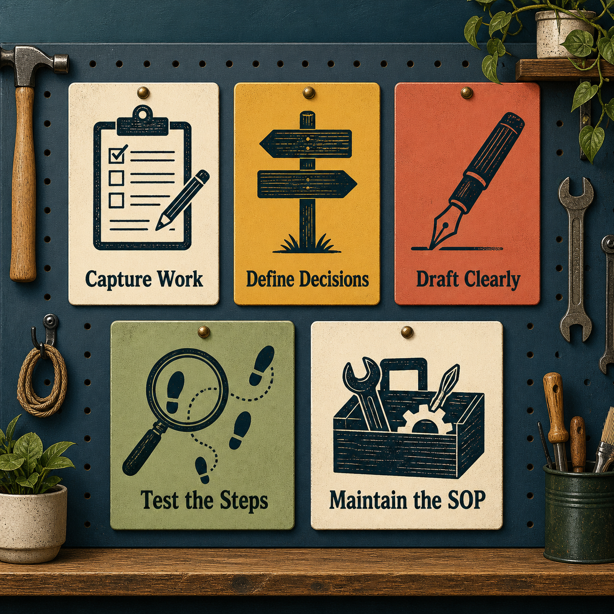 Small Business SOP Builder contents showing capture, decisions, drafting, testing, and maintenance