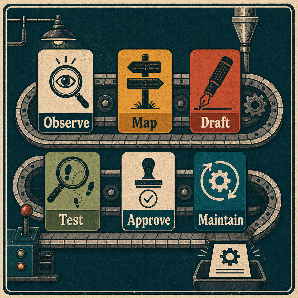 SOP workflow showing observe, map, draft, test, approve, and maintain