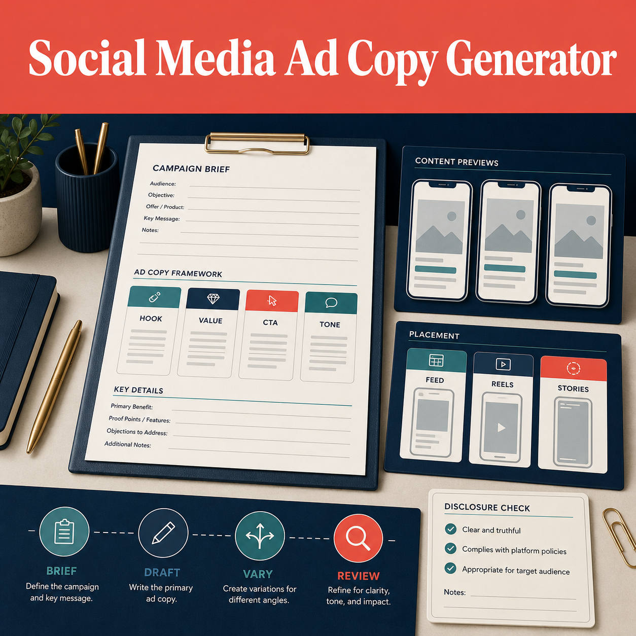 Social media ad copy planning workspace with hook, value, CTA, tone, placement, variation, and disclosure checks.