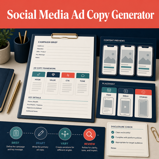 Social media ad copy planning workspace with hook, value, CTA, tone, placement, variation, and disclosure checks.