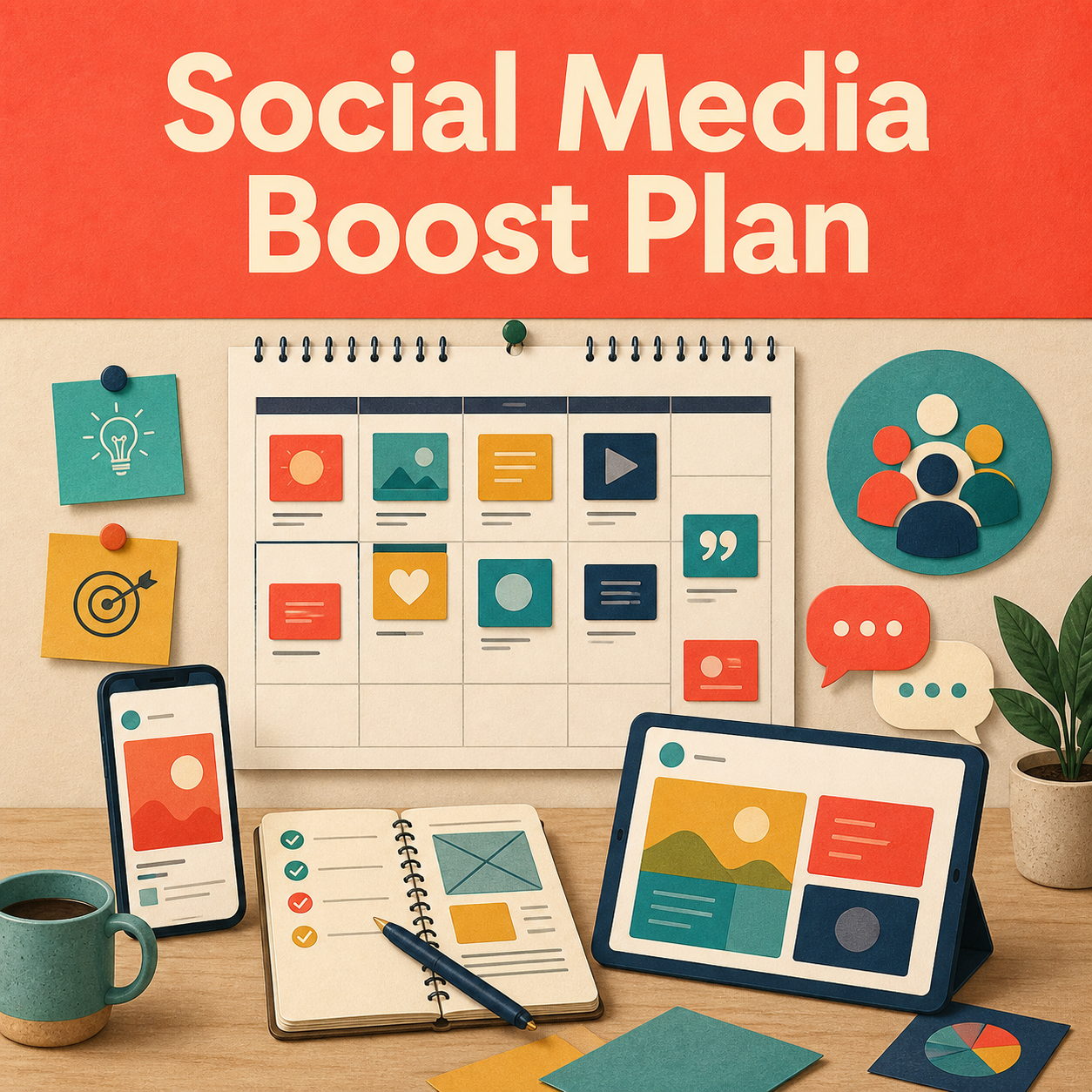 Social media strategy workspace with a content calendar, post formats, community symbol, engagement prompts, and review checklist.