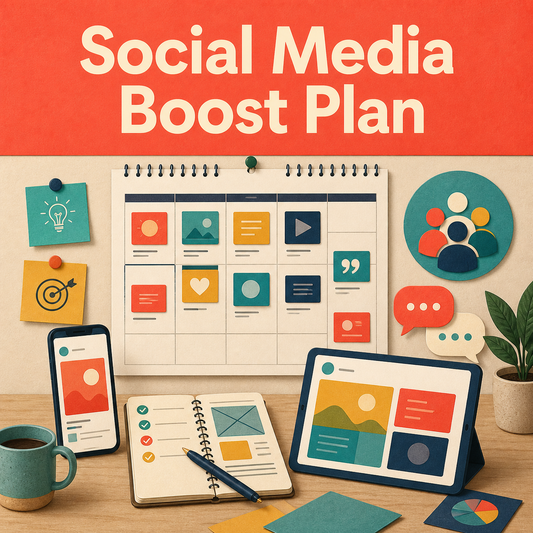 Social media strategy workspace with a content calendar, post formats, community symbol, engagement prompts, and review checklist.