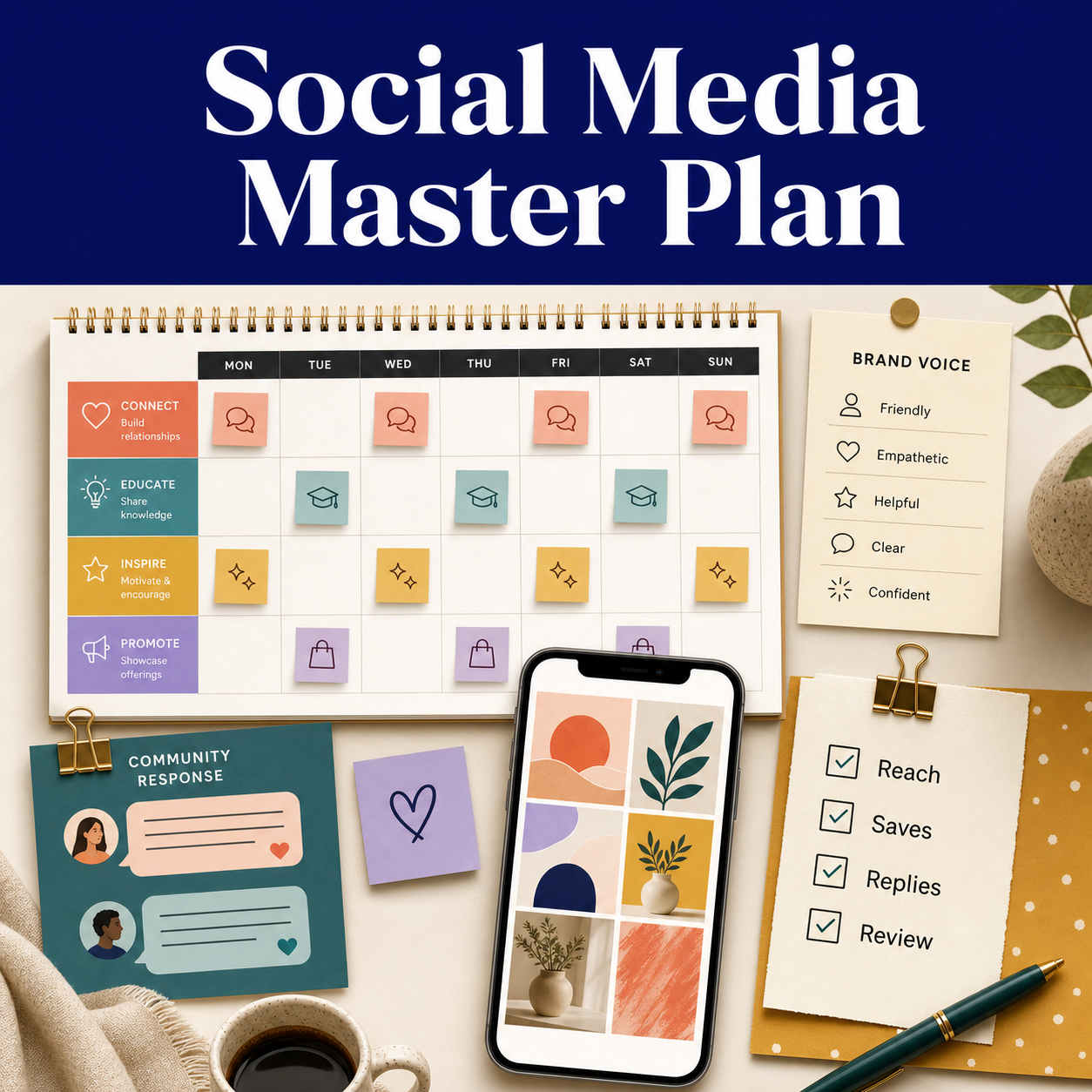 Illustrative social media planning workspace with content pillars, a weekly calendar, brand voice guidance, community responses, and review checkpoints.