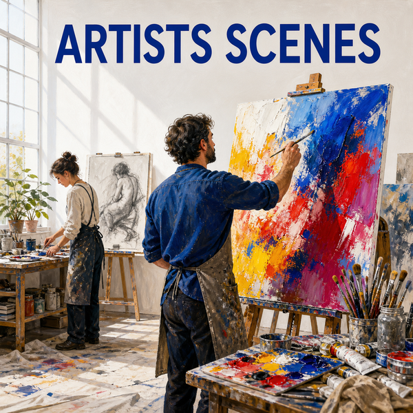 Artists Scenes guide cover showing painters working in a bright fine-art studio