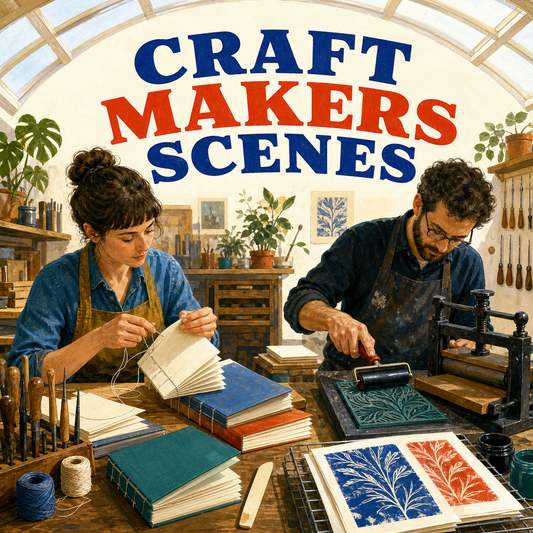 Craft Makers Scenes guide cover showing artisans bookbinding and making linocut prints